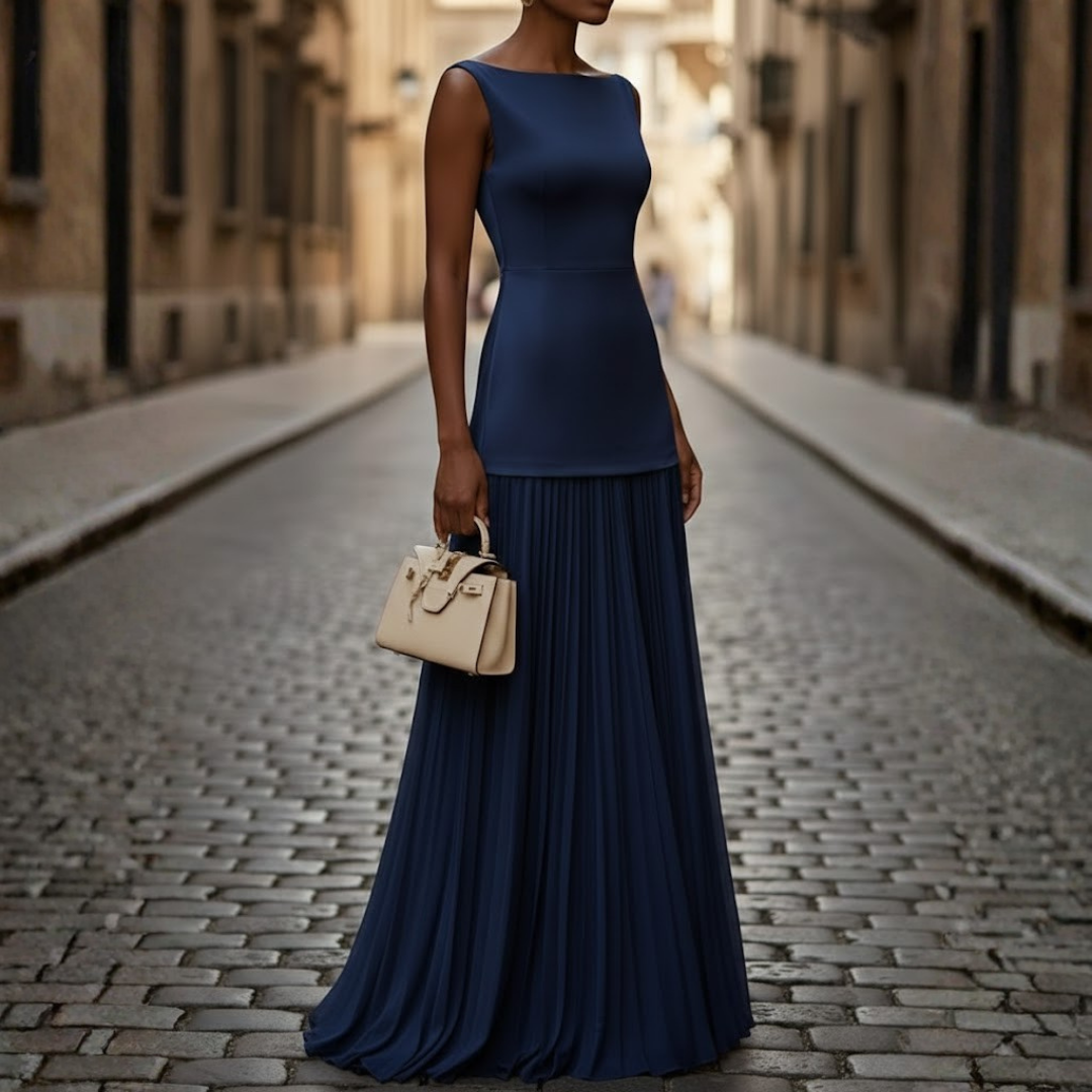 Women Sleeveless Pleated Maxi Dress Boat Neck