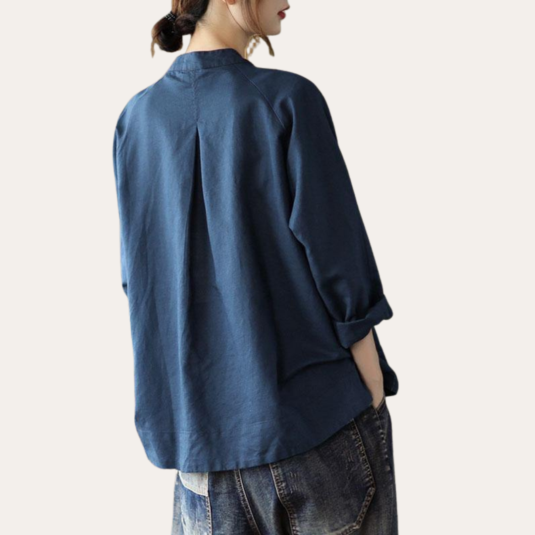 Damen Leinen Bluse mit Muster Langarm Freizeit Hemdkragen Shirt | Vestea