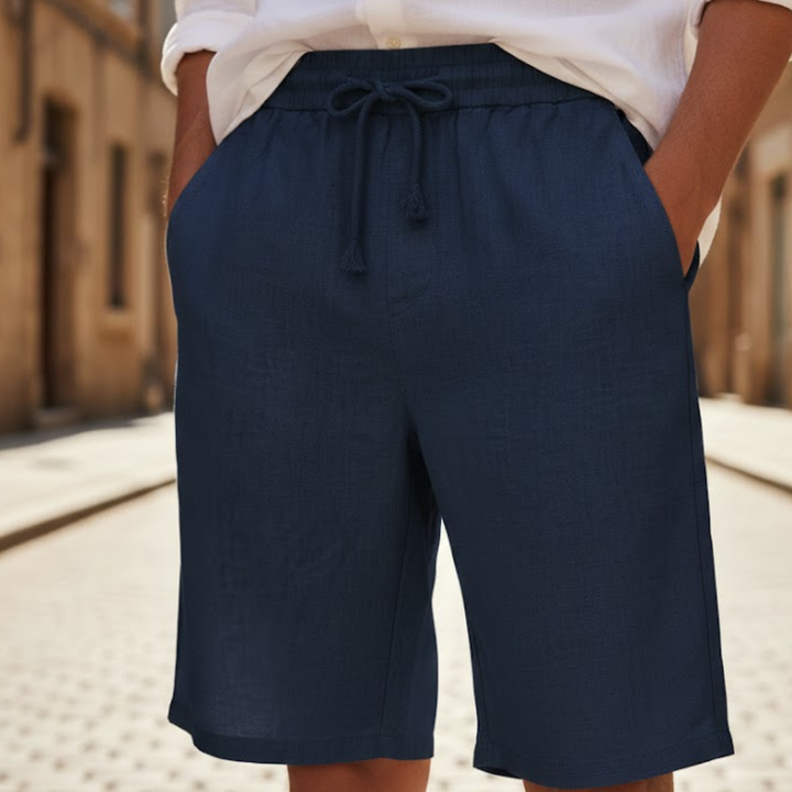 Pantalones cortos de lino para hombre, ajuste holgado, con cordón, verano