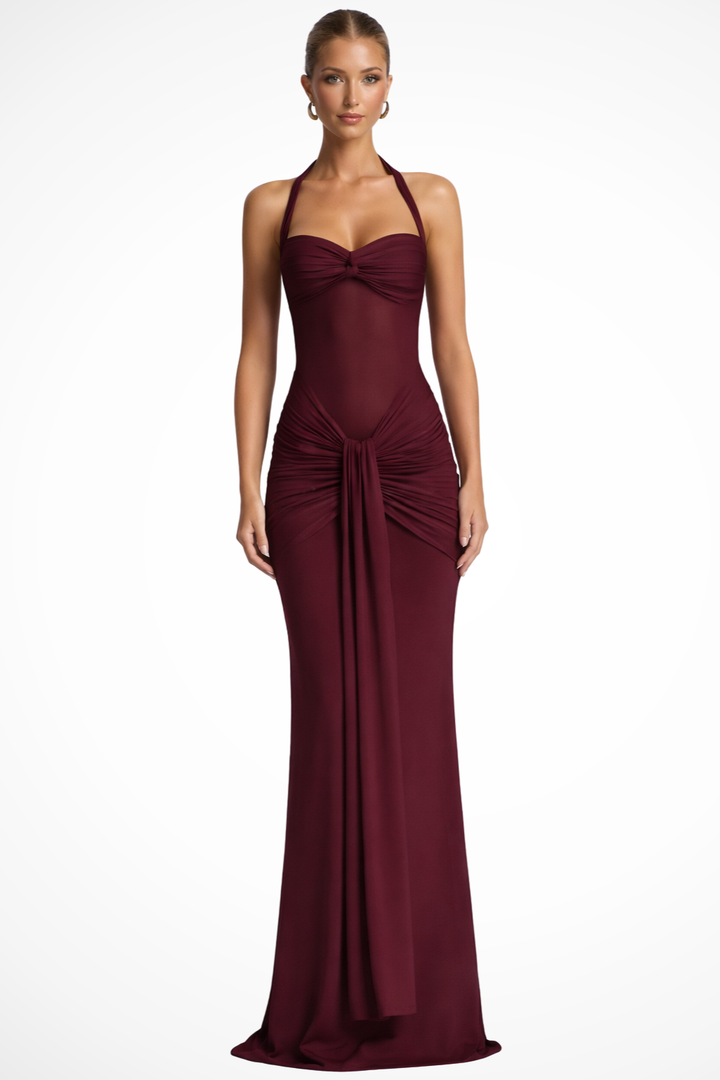 Vestido maxi para mujer, fruncido, sin mangas, cuello halter, espalda descubierta, línea A