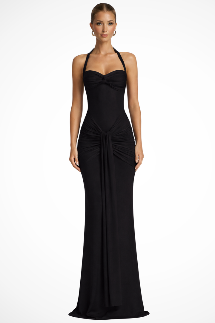 Vestido maxi para mujer, fruncido, sin mangas, cuello halter, espalda descubierta, línea A