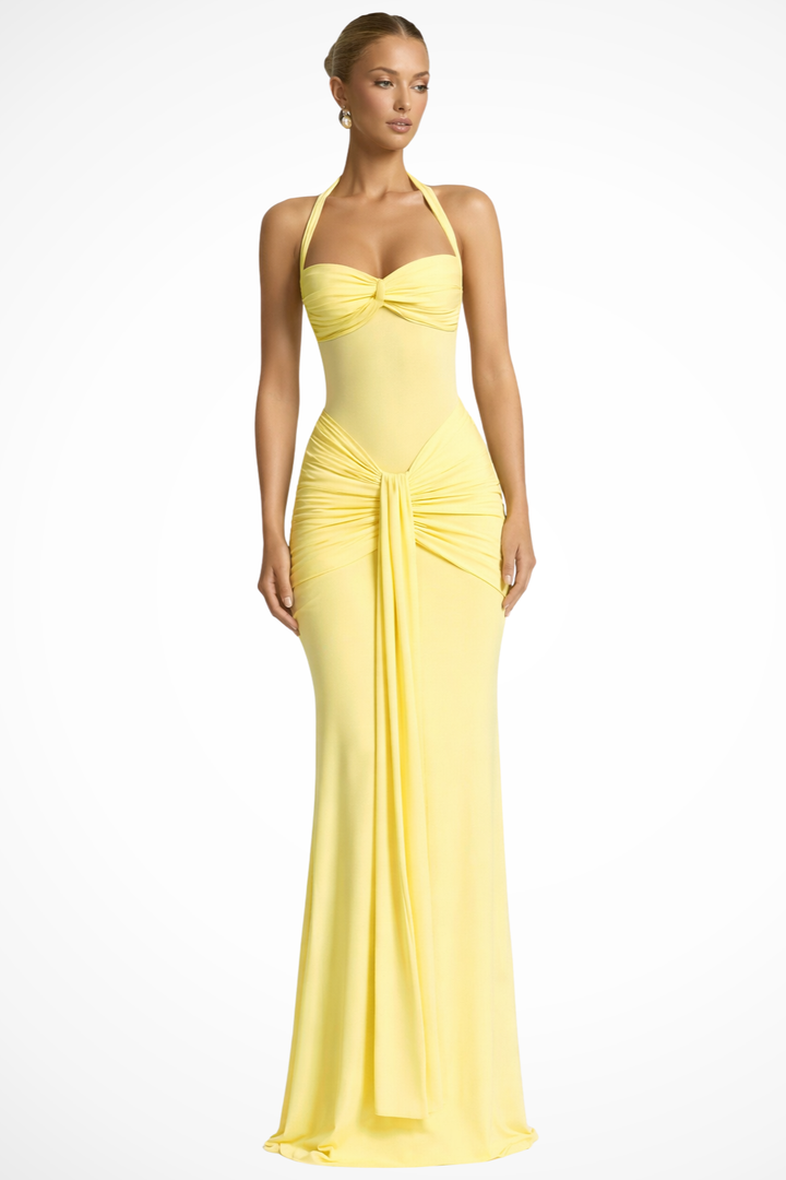 Vestido maxi para mujer, fruncido, sin mangas, cuello halter, espalda descubierta, línea A