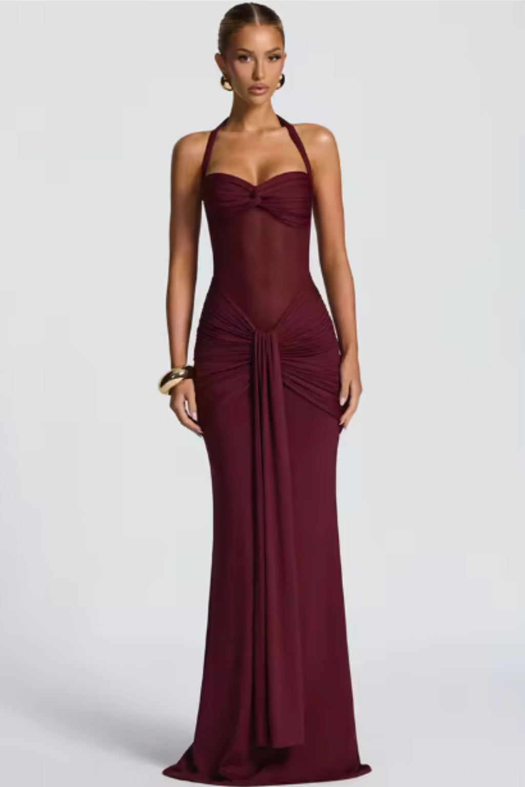 Vestido maxi para mujer, fruncido, sin mangas, cuello halter, espalda descubierta, línea A