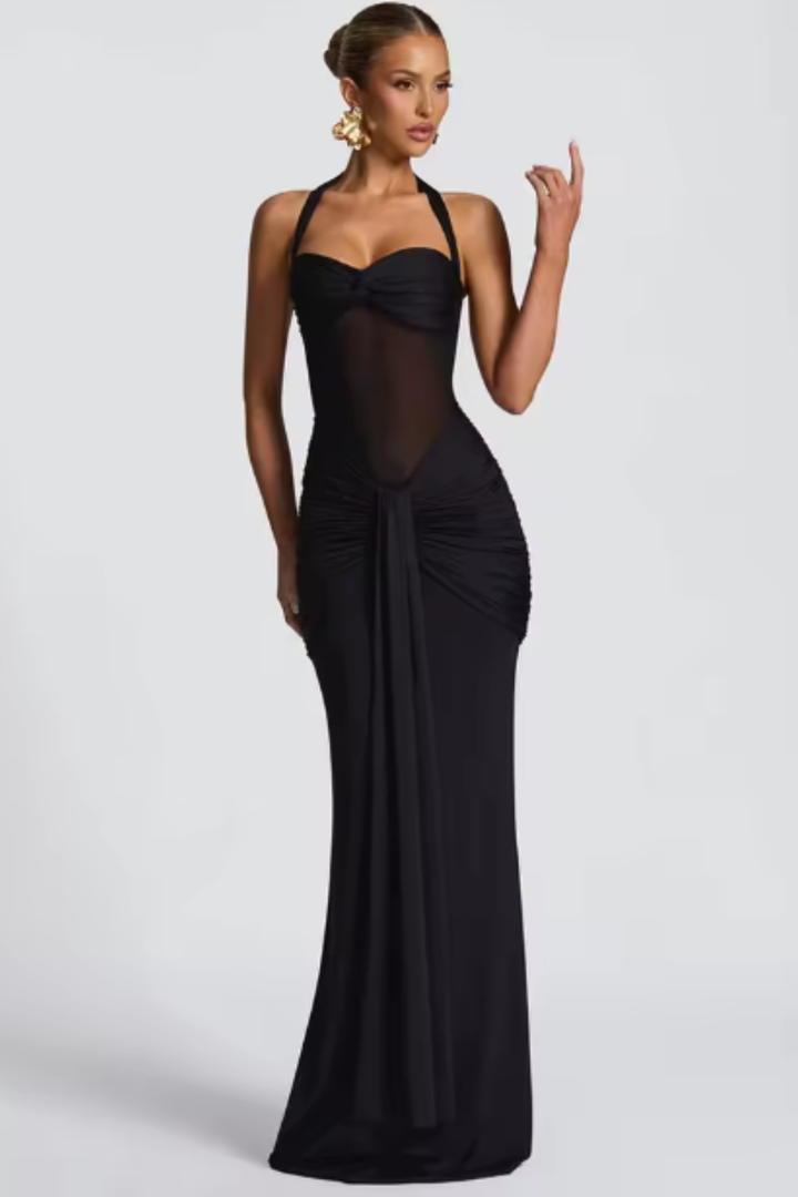 Vestido maxi para mujer, fruncido, sin mangas, cuello halter, espalda descubierta, línea A