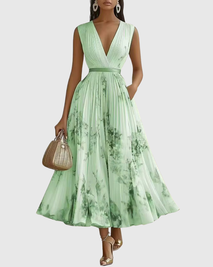Vestido Maxi para Mujer de Satén Plisado con Escote en V, Manga Larga y Cintura Ajustable