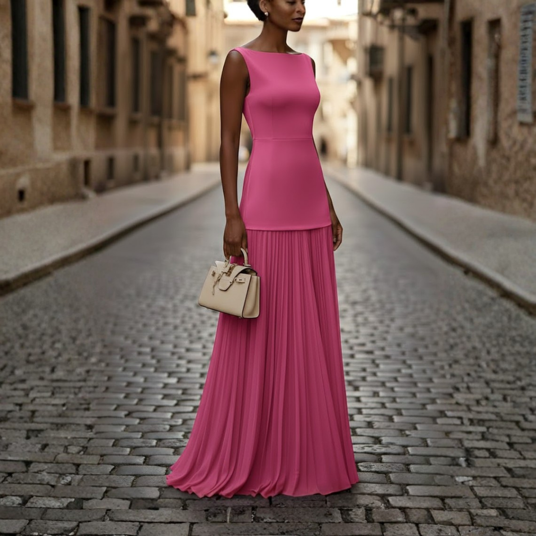 Women Sleeveless Pleated Maxi Dress Boat Neck