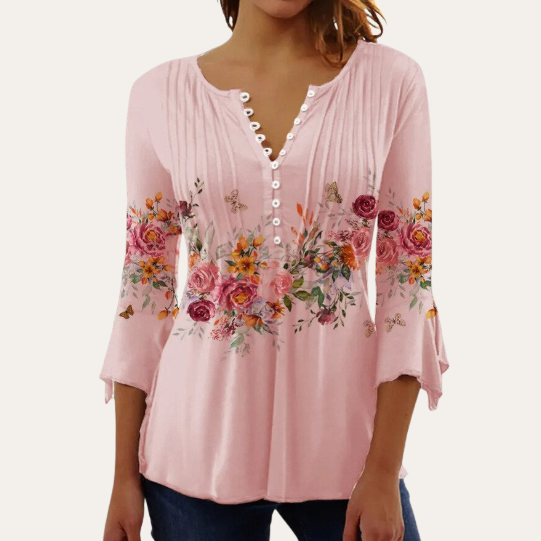 Bluse mit Knopfleiste und Blumenmuster für Damen | Vestea