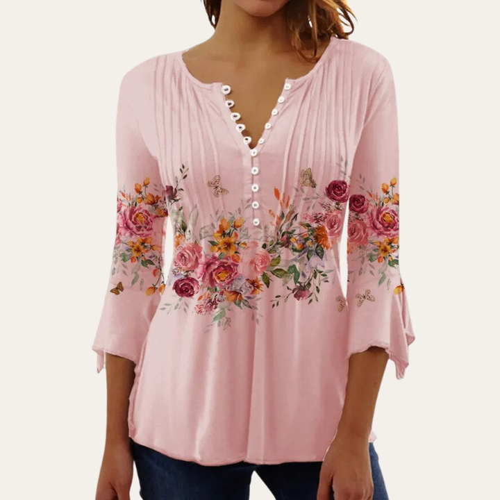Bluse mit Knopfleiste und Blumenmuster für Damen | Vestea