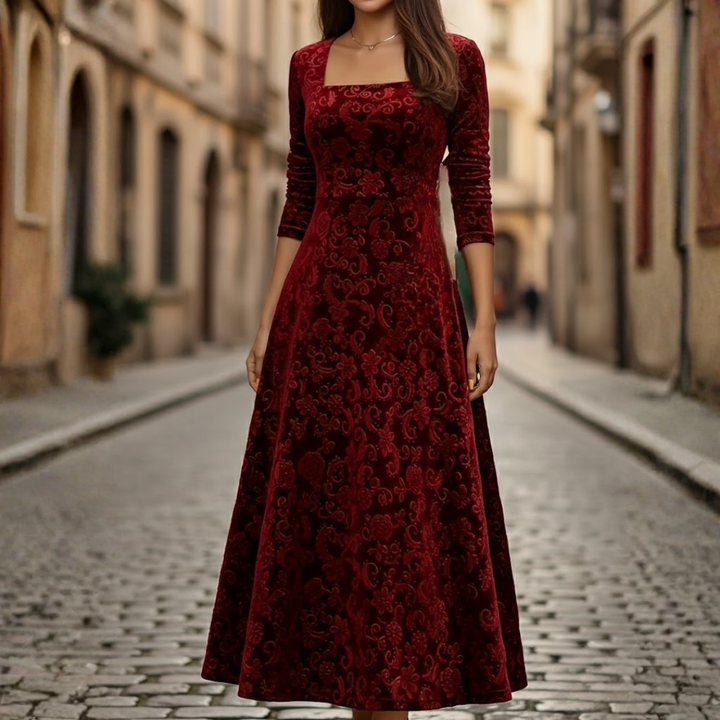 Women Floral Velvet Midi Dress Three Quarter Sleeve