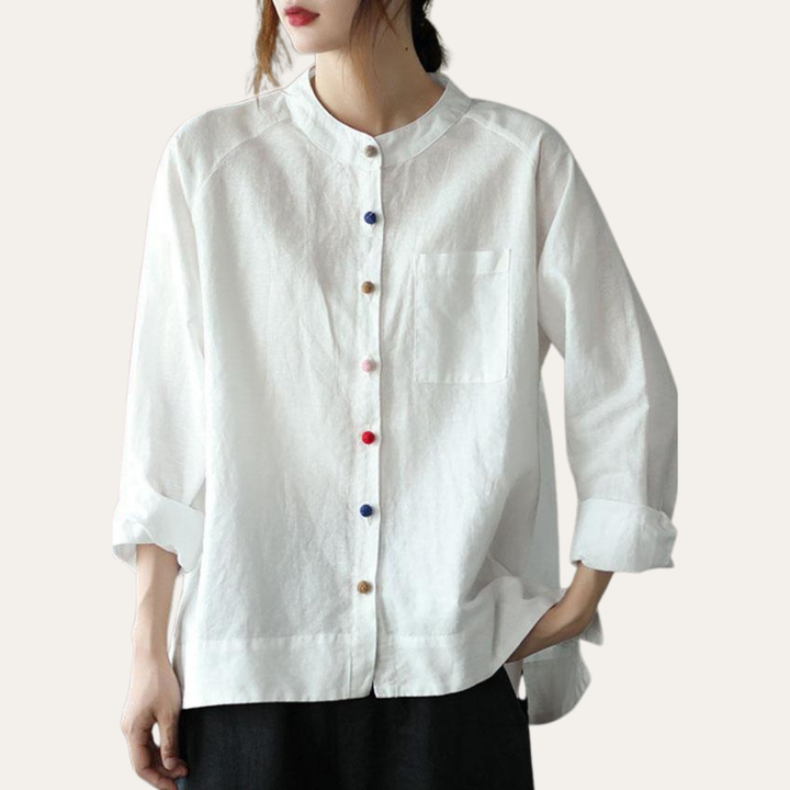 Damen Leinen Bluse mit Muster Langarm Freizeit Hemdkragen Shirt | Vestea