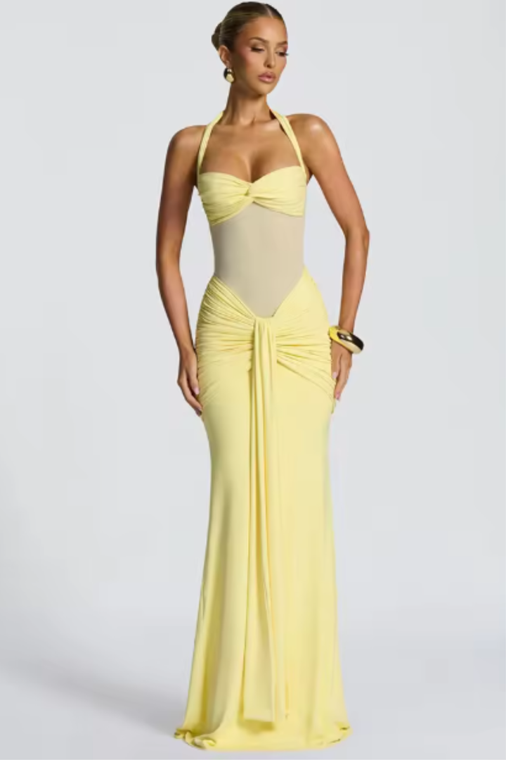 Vestido maxi para mujer, fruncido, sin mangas, cuello halter, espalda descubierta, línea A