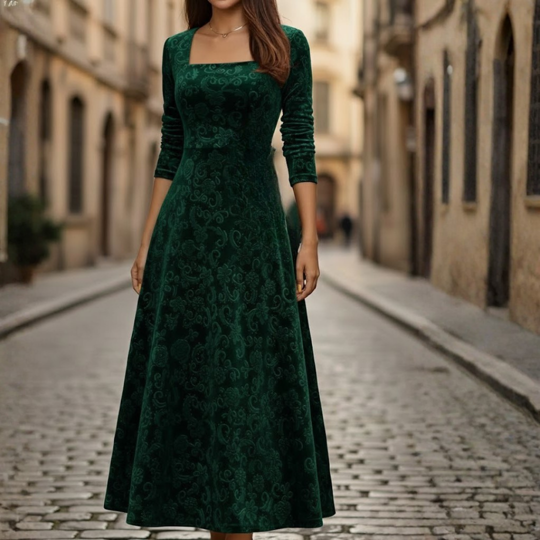 Women Floral Velvet Midi Dress Three Quarter Sleeve