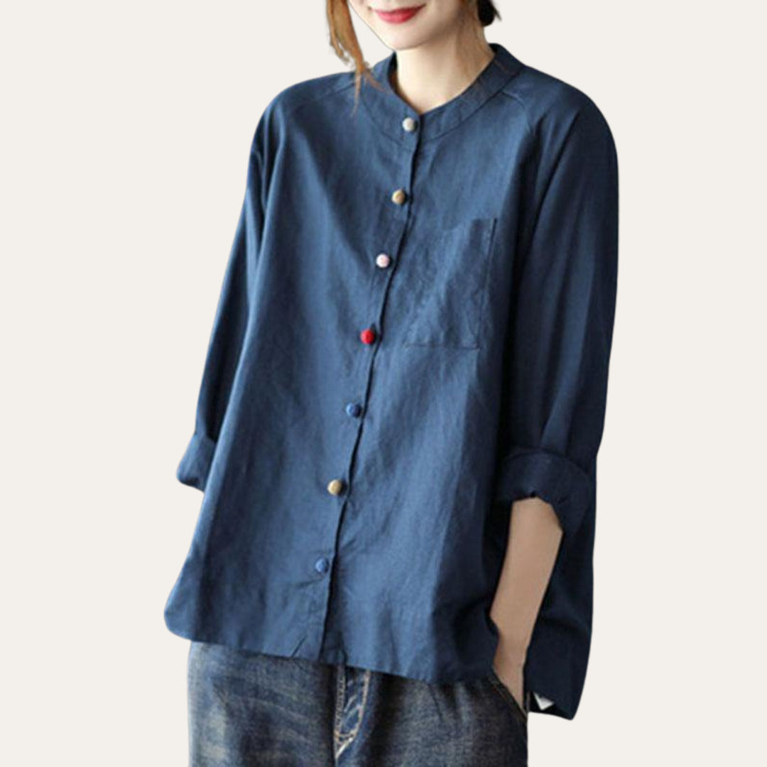 Damen Leinen Bluse mit Muster Langarm Freizeit Hemdkragen Shirt | Vestea