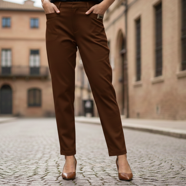 Pantalon pour femme en coton et polyester, taille élastique, coupe droite