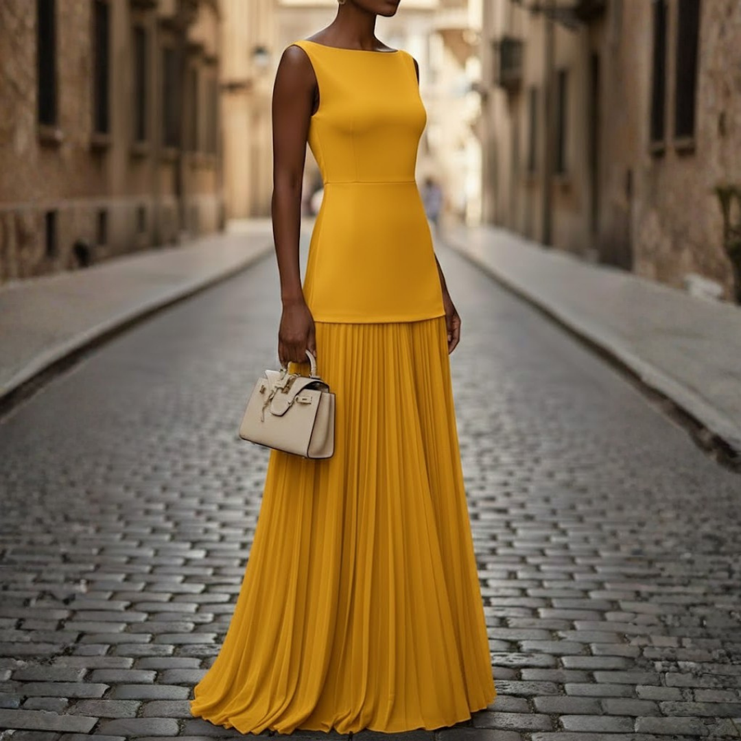 Women Sleeveless Pleated Maxi Dress Boat Neck
