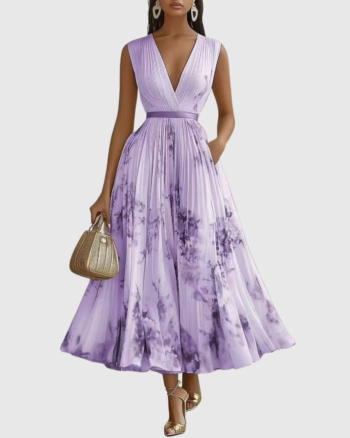 Vestido Maxi para Mujer de Satén Plisado con Escote en V, Manga Larga y Cintura Ajustable