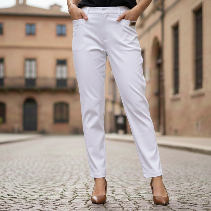 Pantalon pour femme en coton et polyester, taille élastique, coupe droite