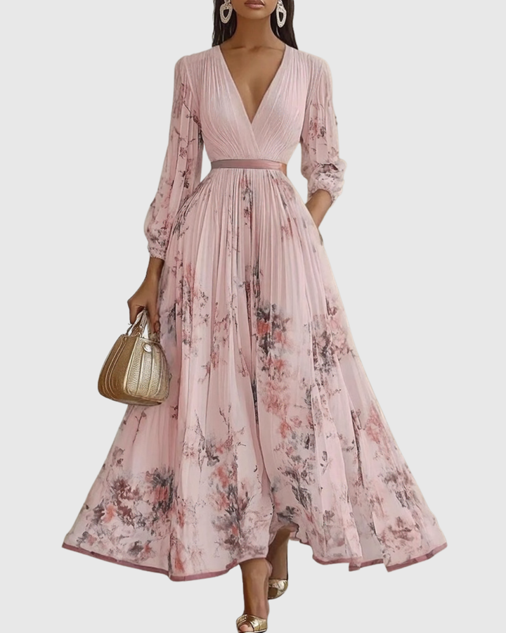 Vestido Maxi para Mujer de Satén Plisado con Escote en V, Manga Larga y Cintura Ajustable