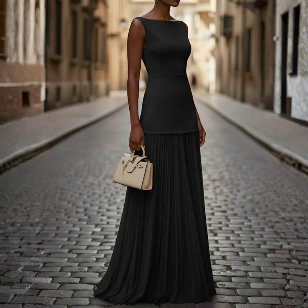 Women Sleeveless Pleated Maxi Dress Boat Neck