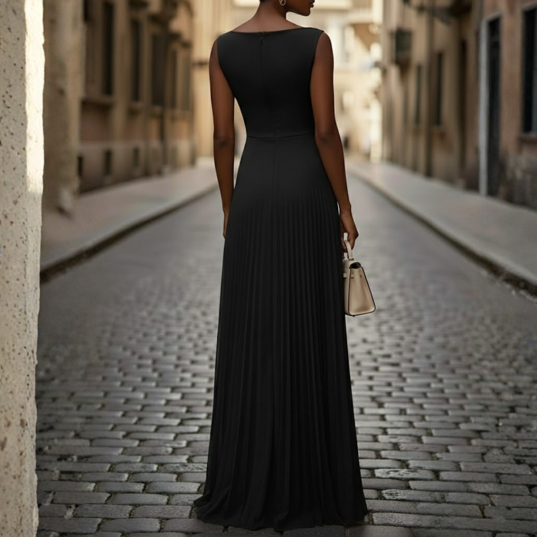Women Sleeveless Pleated Maxi Dress Boat Neck