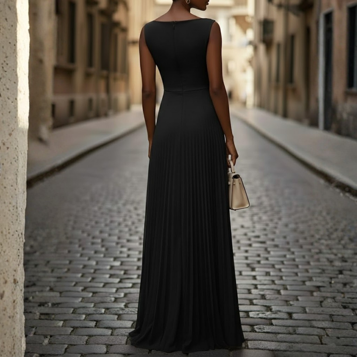 Women Sleeveless Pleated Maxi Dress Boat Neck