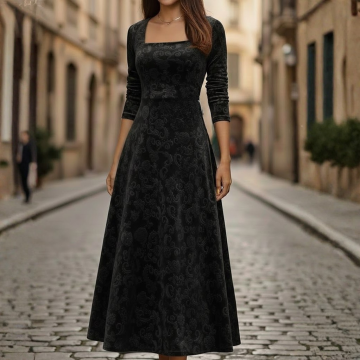 Women Floral Velvet Midi Dress Three Quarter Sleeve