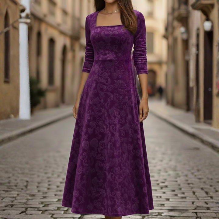 Women Floral Velvet Midi Dress Three Quarter Sleeve