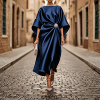 Women Midi Dress V Neck Elbow Sleeve Flared Skirt