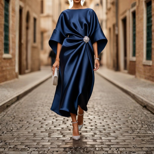 Women Midi Dress V Neck Elbow Sleeve Flared Skirt