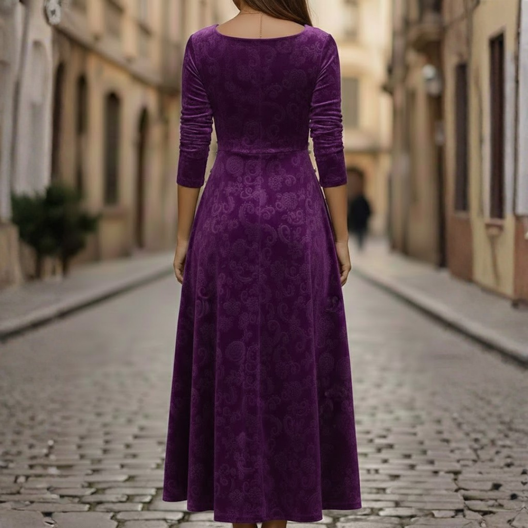 Women Floral Velvet Midi Dress Three Quarter Sleeve