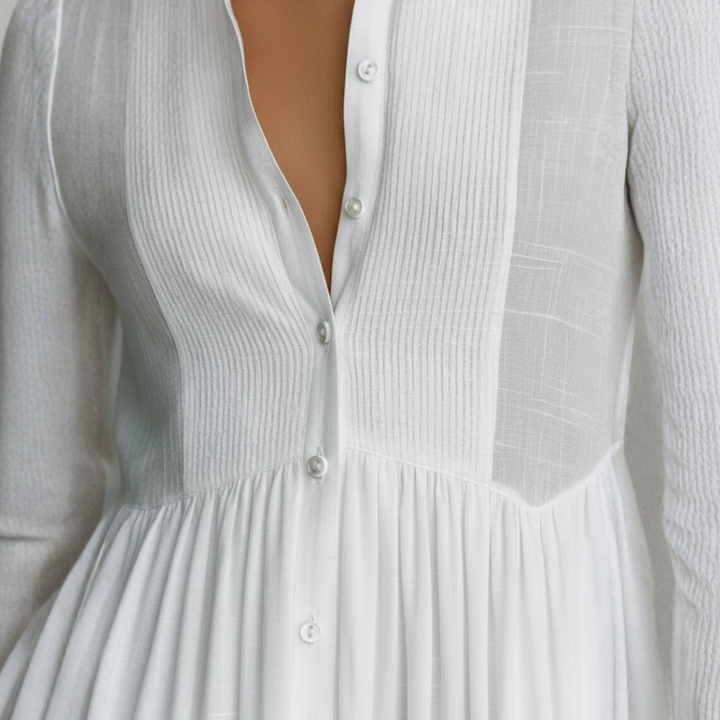 Maxi Dress Cotton Linen Patchwork High Neck Long Sleeve Womens