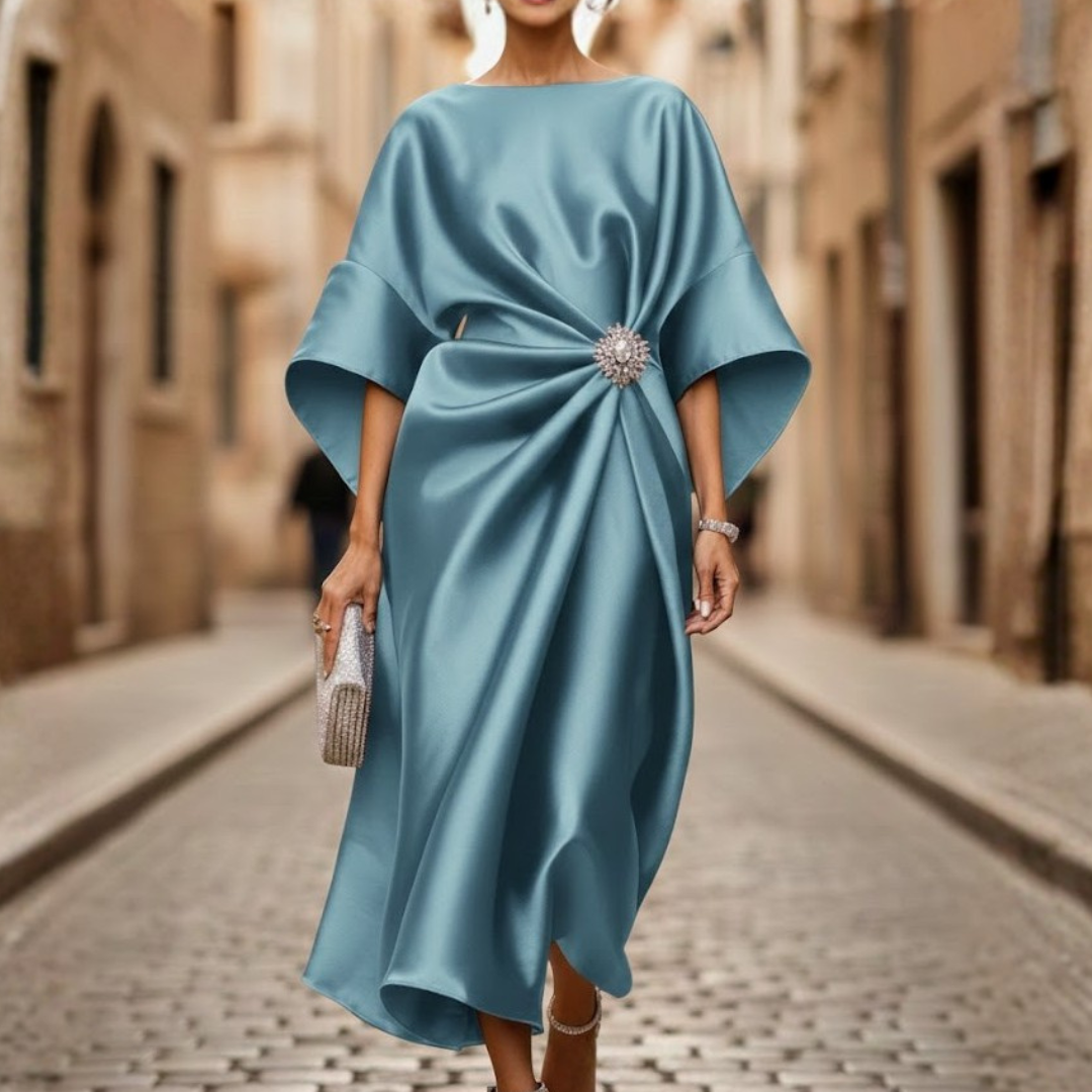 Women Midi Dress V Neck Elbow Sleeve Flared Skirt