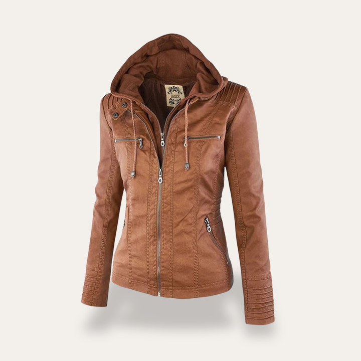 Damen Kunstlederjacke Übergangsjacke Biker Stil mit Kapuze Outdoor | Vestea