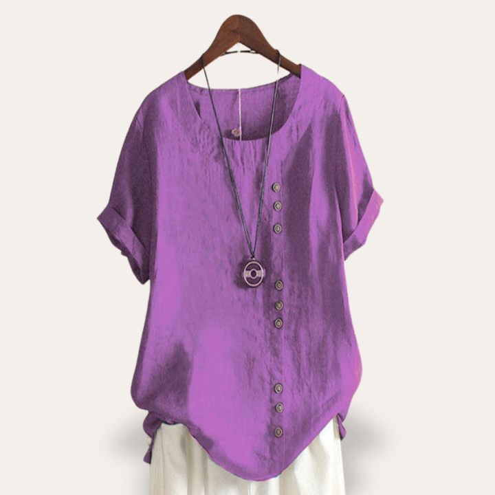 Leinen Damen Bluse mit Knopfleiste Kurzarm Asymmetrisch | Vestea
