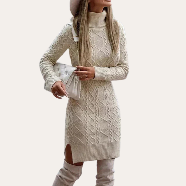 Damen Strickkleid mit Rollkragen und Zopfmuster | Vestea