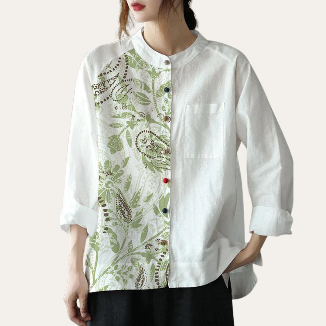 Damen Leinen Bluse mit Muster Langarm Freizeit Hemdkragen Shirt | Vestea