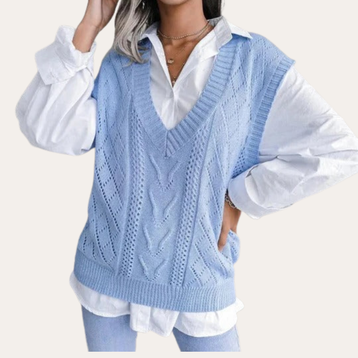 Damen Strick Weste Zopfmuster V-Ausschnitt Ärmellos Pullover Baumwollmix | Vestea
