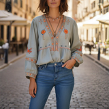 Peasant Blouse V Neck Embroidered Long Sleeve Light Blue Womens
