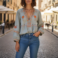 Peasant Blouse V Neck Embroidered Long Sleeve Light Blue Womens