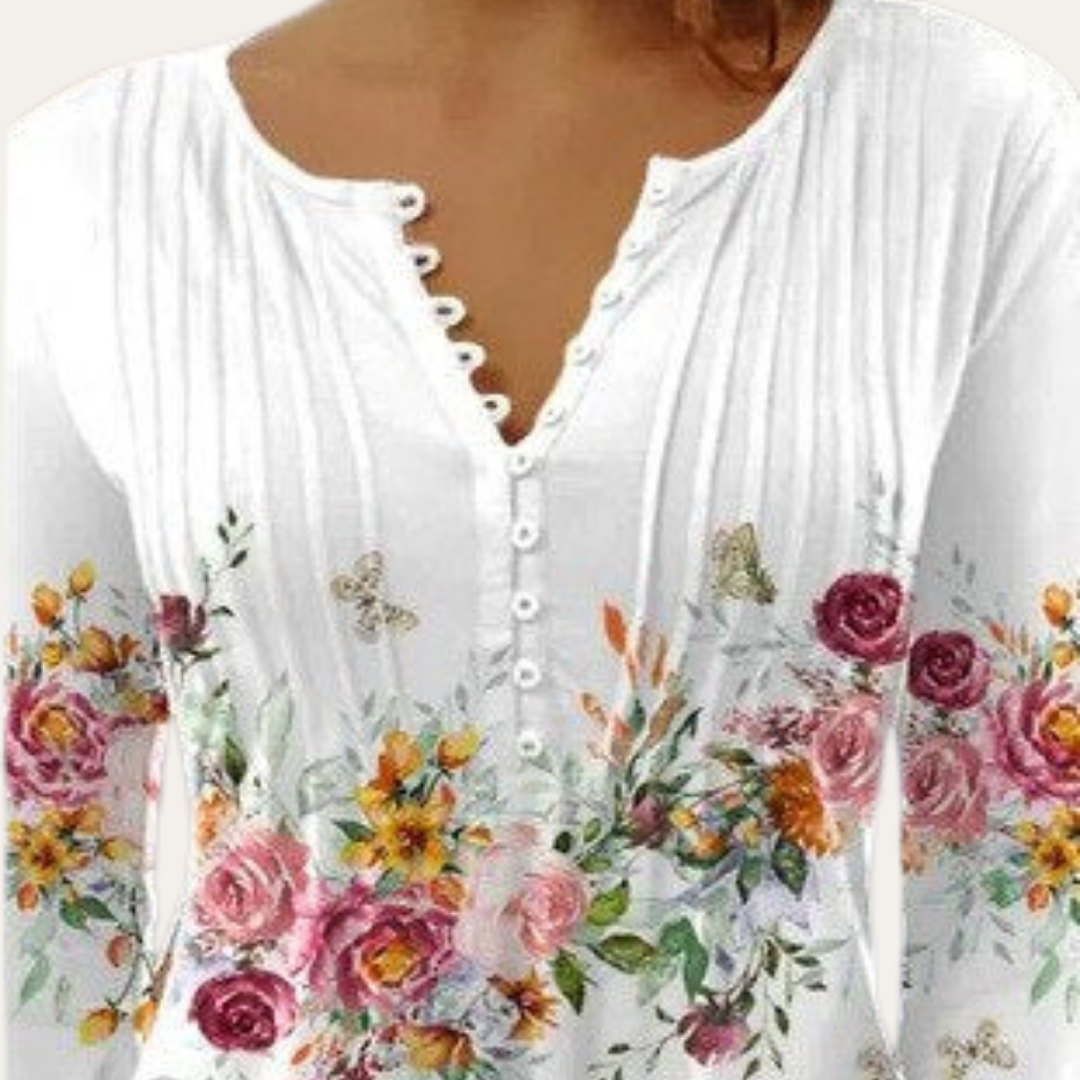 Bluse mit Knopfleiste und Blumenmuster für Damen | Vestea