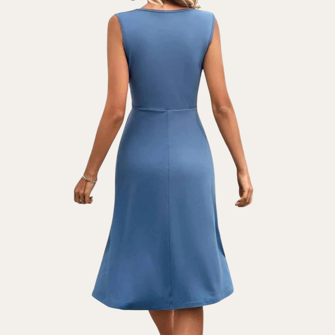 Elegantes Damen Sommerkleid Knielang Wickeloptik Ärmellos V-Ausschnitt | Vestea