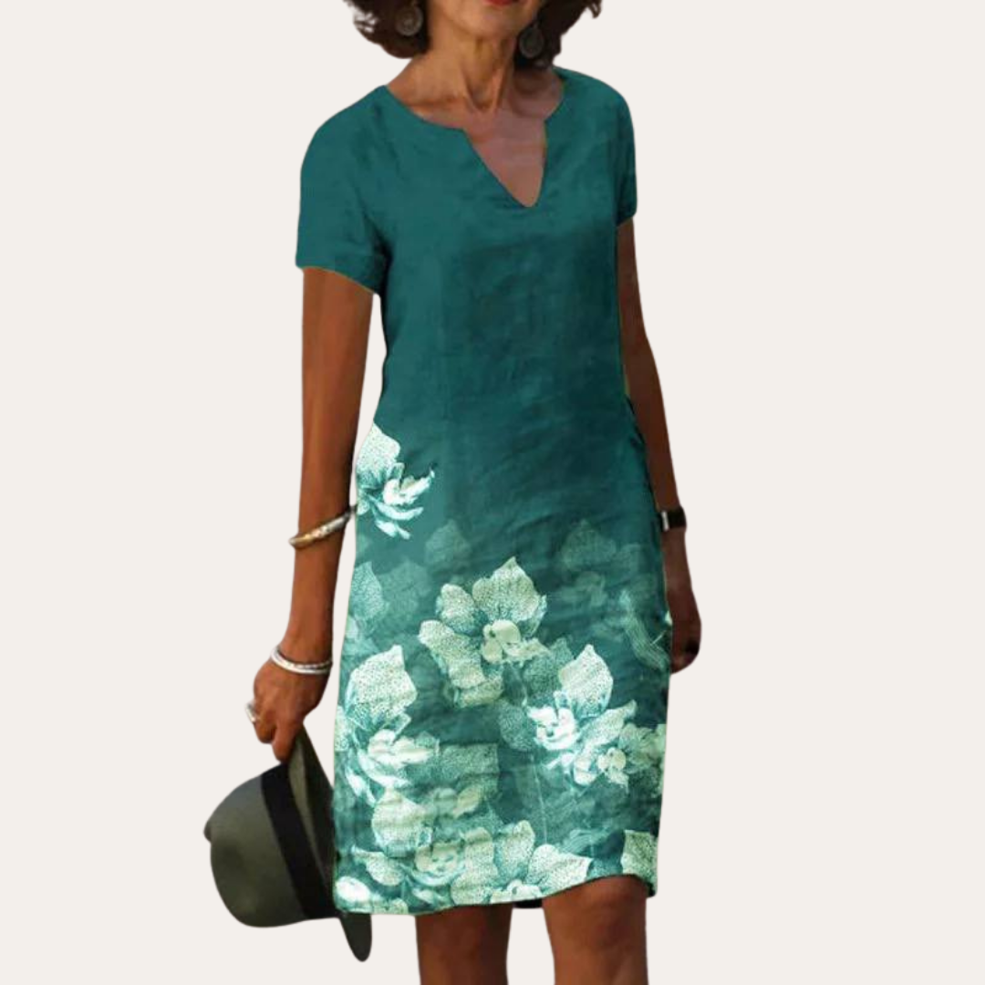 Sommerkleid mit Blumenmuster aus Leinen Damen Kurzarmkleid | Vestea