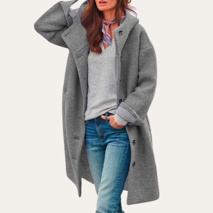 Damen Oversize Wollmantel mit Kapuze Knopfverschluss | Vestea