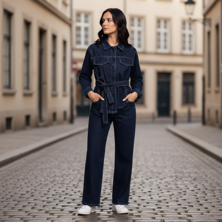 Ensemble en jean Veste boutonnée devant Jean droit Femme Bleu marine
