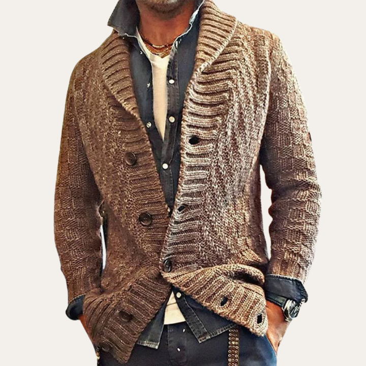 Herren Strickjacke mit Schalkragen und Knopfleiste | Vestea