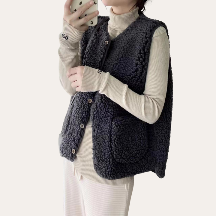 Damen Teddy-Fleece Weste Plüsch Ärmellos Knopfleiste Winter | Vestea