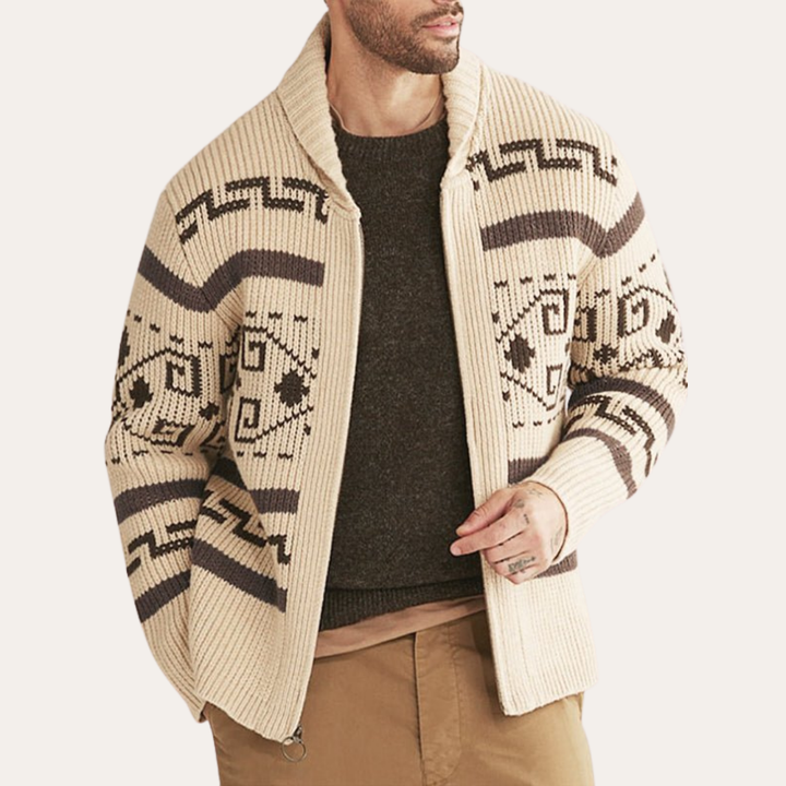 Herren Strickjacke Wollmix Reißverschluss Ethno Muster | Vestea