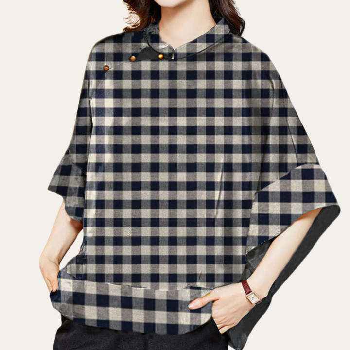 Damen Bluse Kimono Schnitt Muster Stehkragen Kurzarm | Vestea