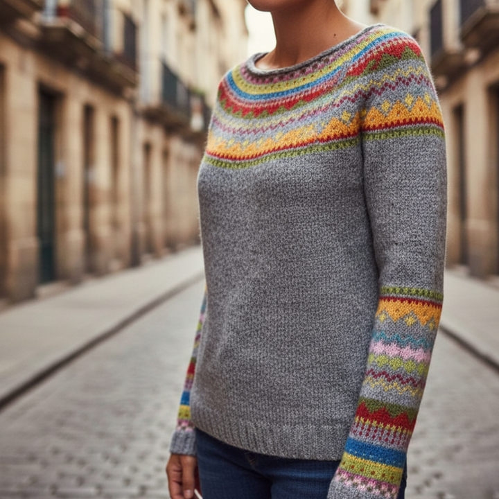 Damen Pullover mit Rundhalsausschnitt und Norwegermuster aus Polyester | Vestea