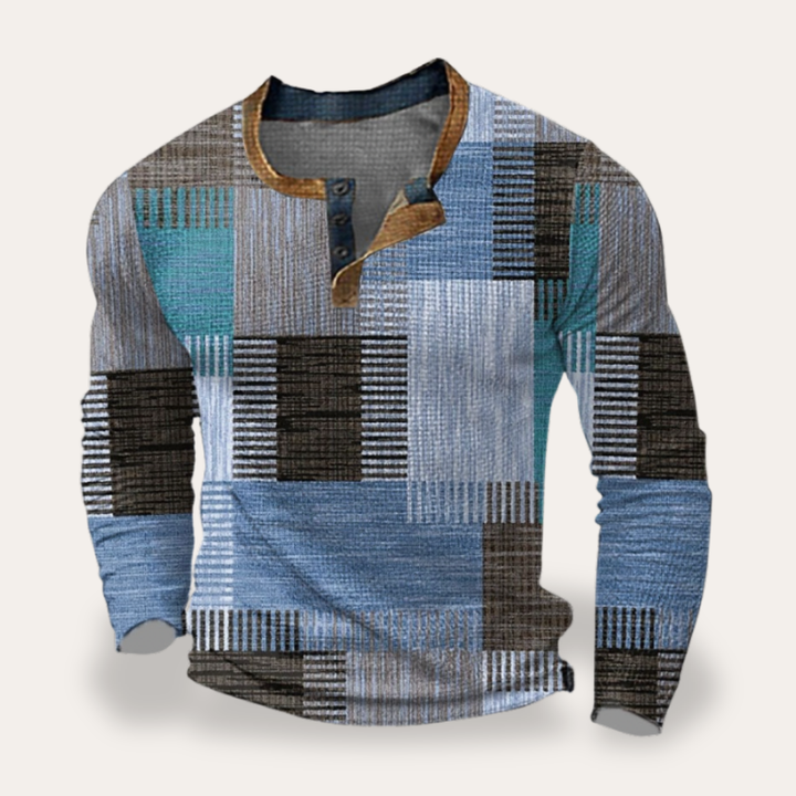 Herren Langarmshirt mit Knopfleiste Patchwork Baumwolle Freizeit | Vestea